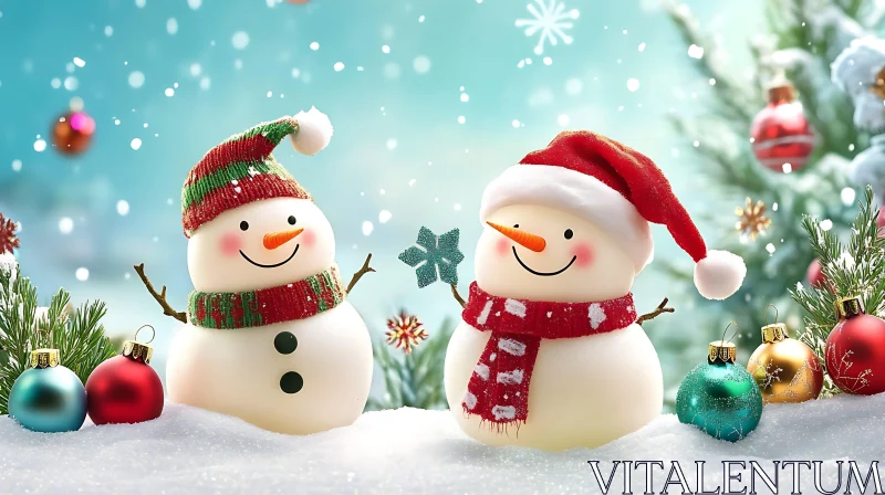 Festive Winter Snowmen with Ornaments AI Image