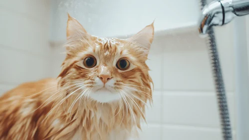 Surprised Wet Cat During Bath Time