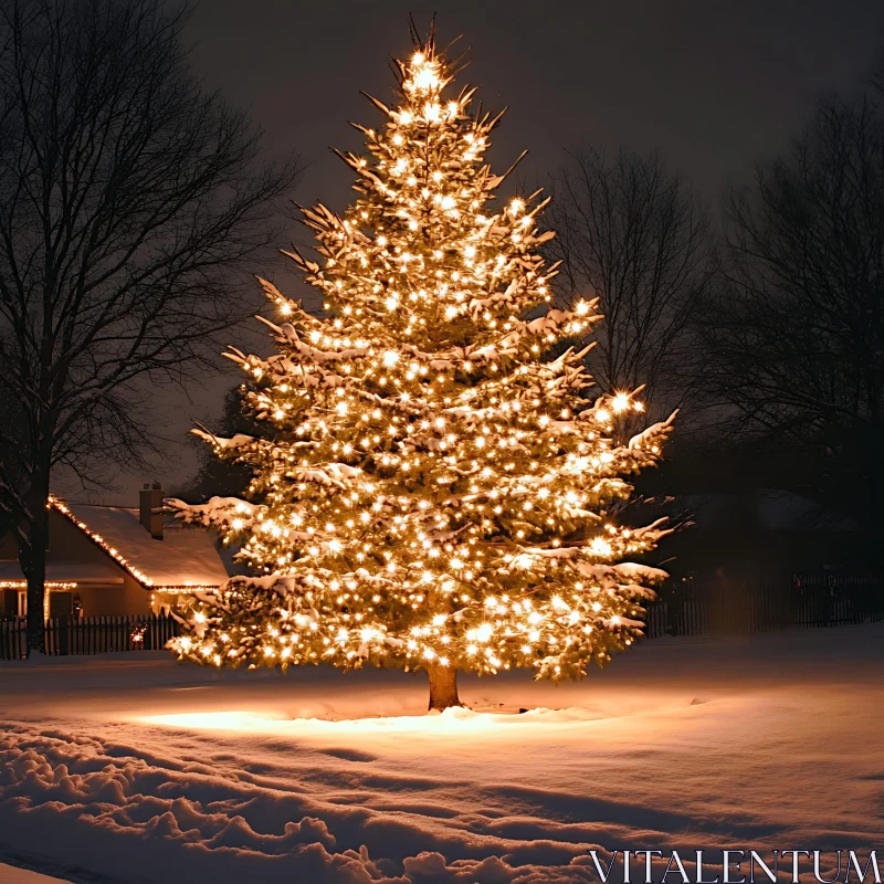 Festive Christmas Tree Lit Up in Snow AI Image