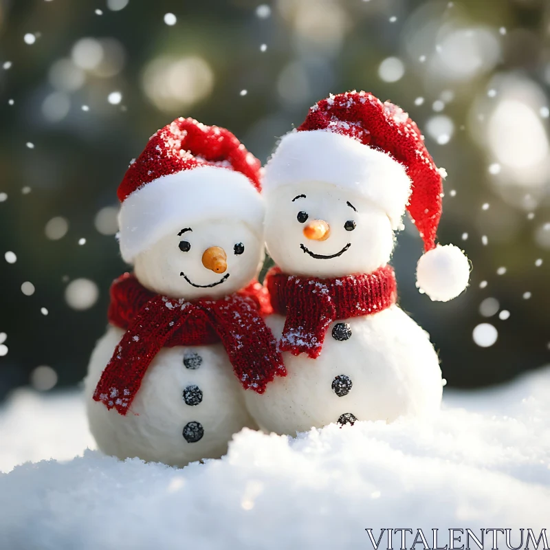 AI ART Festive Snowmen with Santa Hats in Snowy Scene