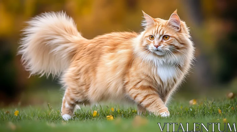 Ginger Cat Strolling Outdoors in Fall AI Image