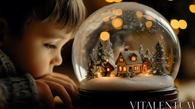 Enchanted Winter Snow Globe with Child's Fascination AI Image