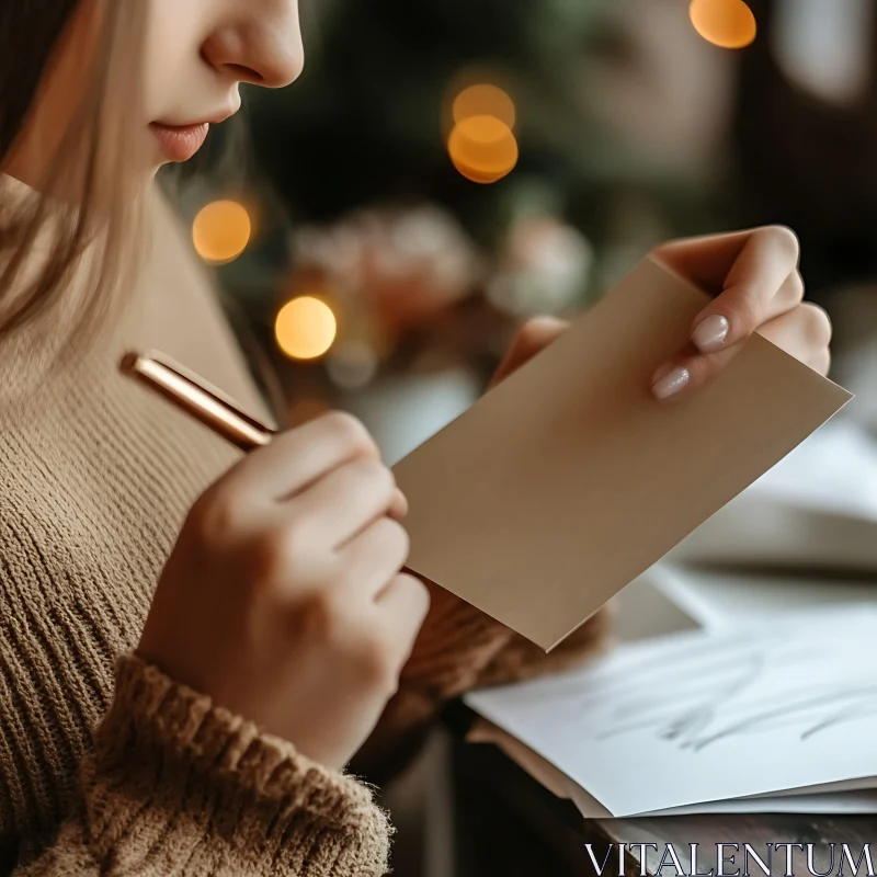 Warm and Serene Image of a Woman Handwriting on a Card AI Image