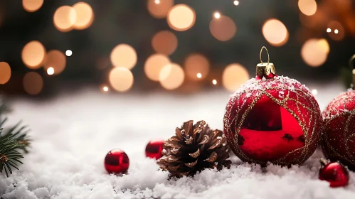 Christmas Decorations on Snow with Warm Lights