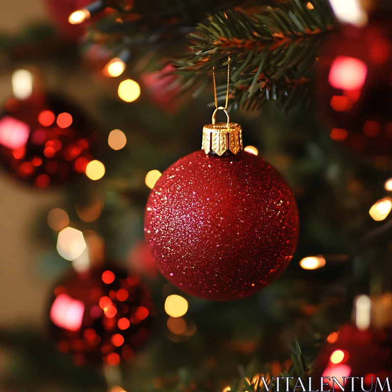 Festive Red Ornament on Christmas Tree AI Image