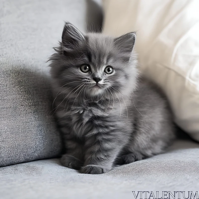 Cute Fluffy Kitten Relaxing on Sofa AI Image