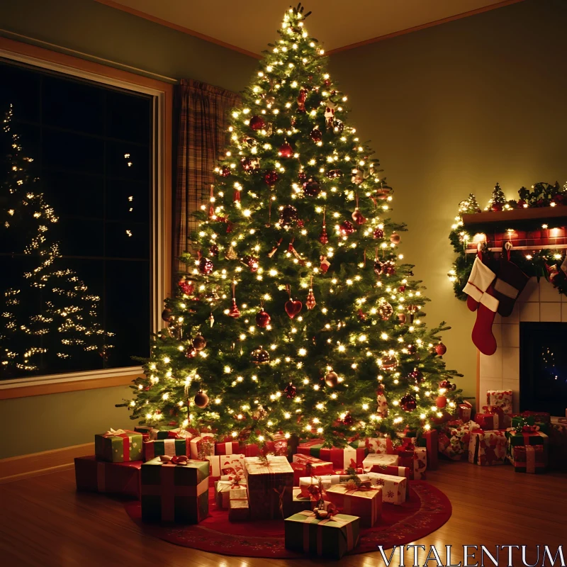 Festive Christmas Tree with Ornaments and Presents AI Image