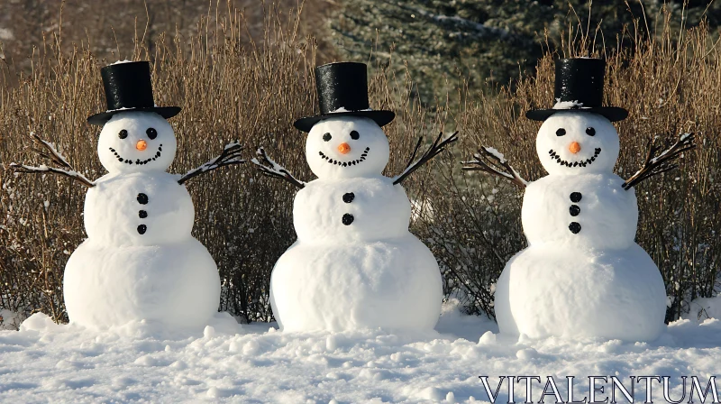 AI ART Three Snowmen with Top Hats in Snowy Scenery