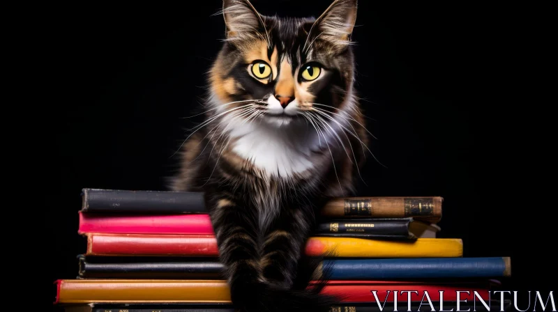 Calico Cat on Books - Curious Cat with Yellow Eyes AI Image