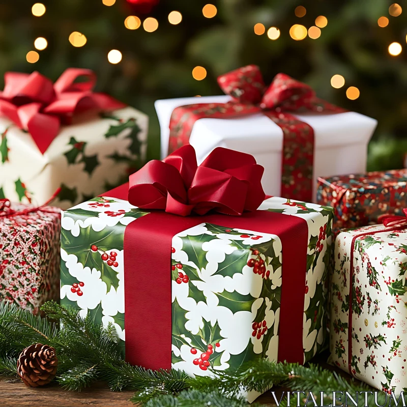 Festive Holiday Gifts with Red Ribbons and Evergreens AI Image