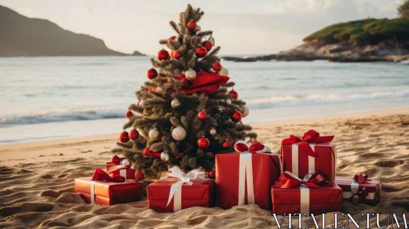 Christmas Tree on Beach with Presents - Pop-culture-infused Snapshot Aesthetic AI Image