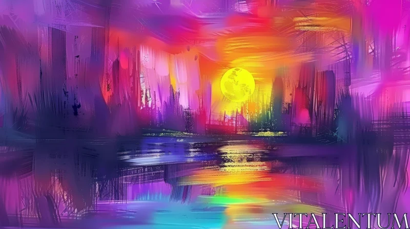 Colorful Abstract Painting: Sun Setting Over Lake AI Image