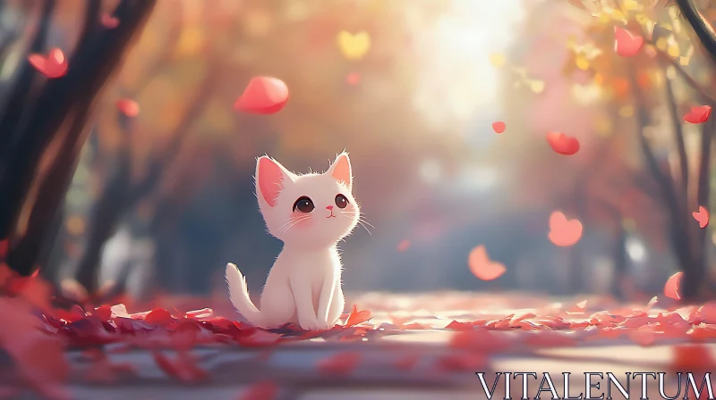 Cute White Kitten Sitting Among Autumn Leaves AI Image