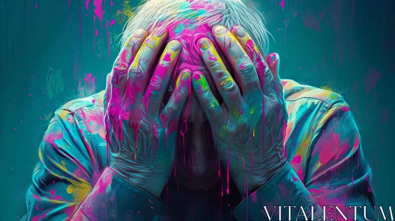 Emotional Portrait of an Elderly Man Covered in Vibrant Paint AI Image