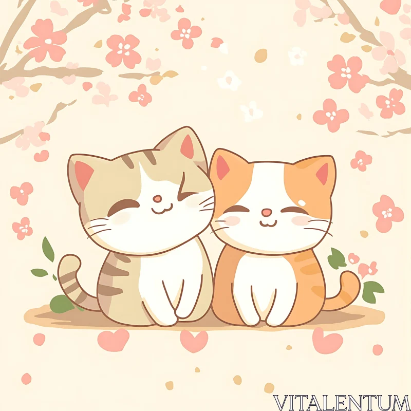 AI ART Illustration of Happy Cats with Blossoms