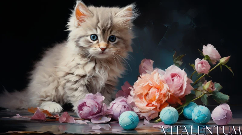 Fluffy White Kitten Painting with Roses AI Image