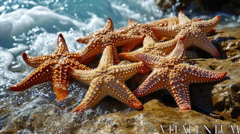 Orange Starfish on Wet Stone Surface | Ocean Waves Background AI Image