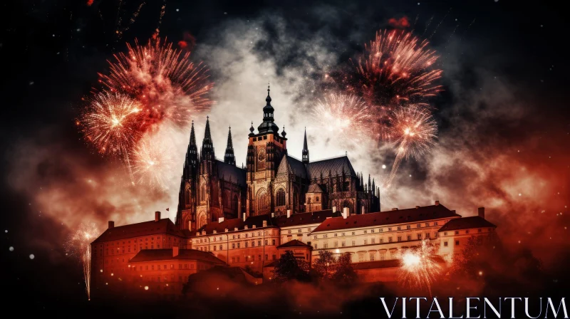 Prague Cathedral Firework HD Wallpaper - Gothic Dark and Moody Tones AI Image