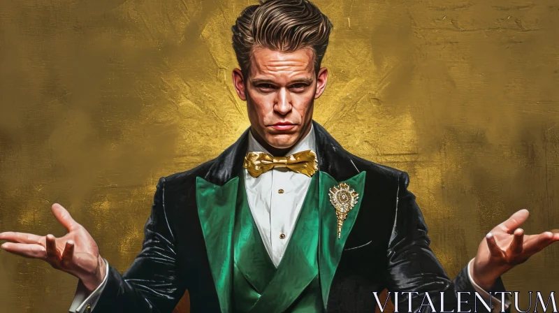 Sophisticated Young Man in Black Tuxedo with Green Lapel and Gold Bow Tie AI Image