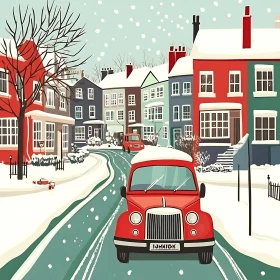 Snow-Covered Village Street with Red Vintage Car