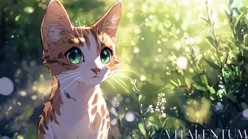 Sunlit Cat in a Lush Garden AI Image