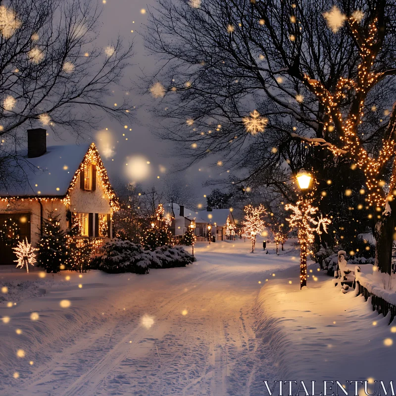 Winter Wonderland: Village Illuminated with Christmas Lights AI Image