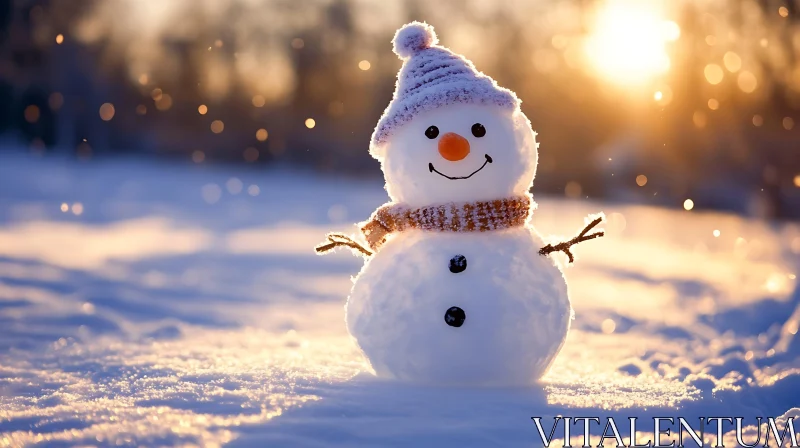 Sunset Snowman with Hat and Scarf AI Image