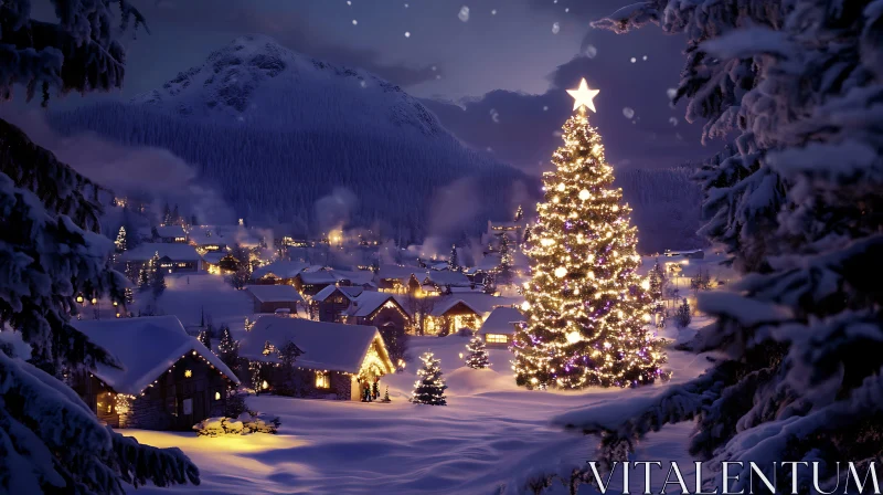 Winter Wonderland Village Scene with Festive Christmas Tree AI Image