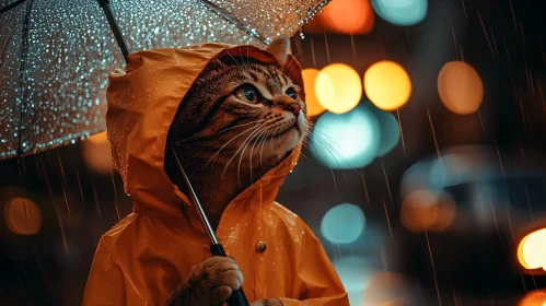 Tabby Cat in Raincoat Shielded by Umbrella During Rain