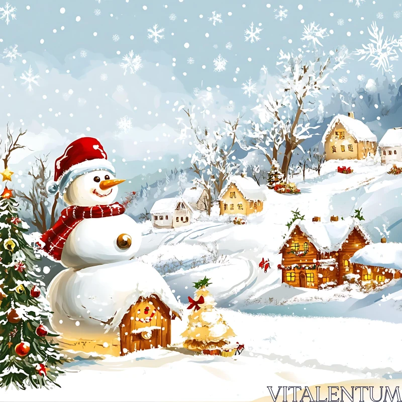 Winter Wonderland with Snowy Village and Jolly Snowman AI Image