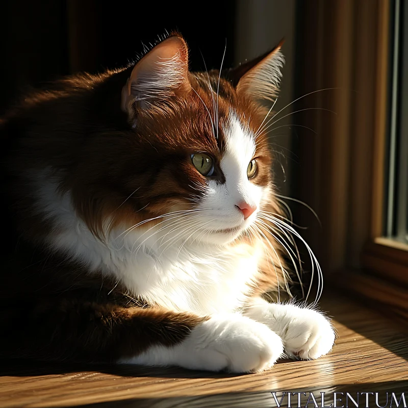 Peaceful Cat Sunbathing Near Window AI Image