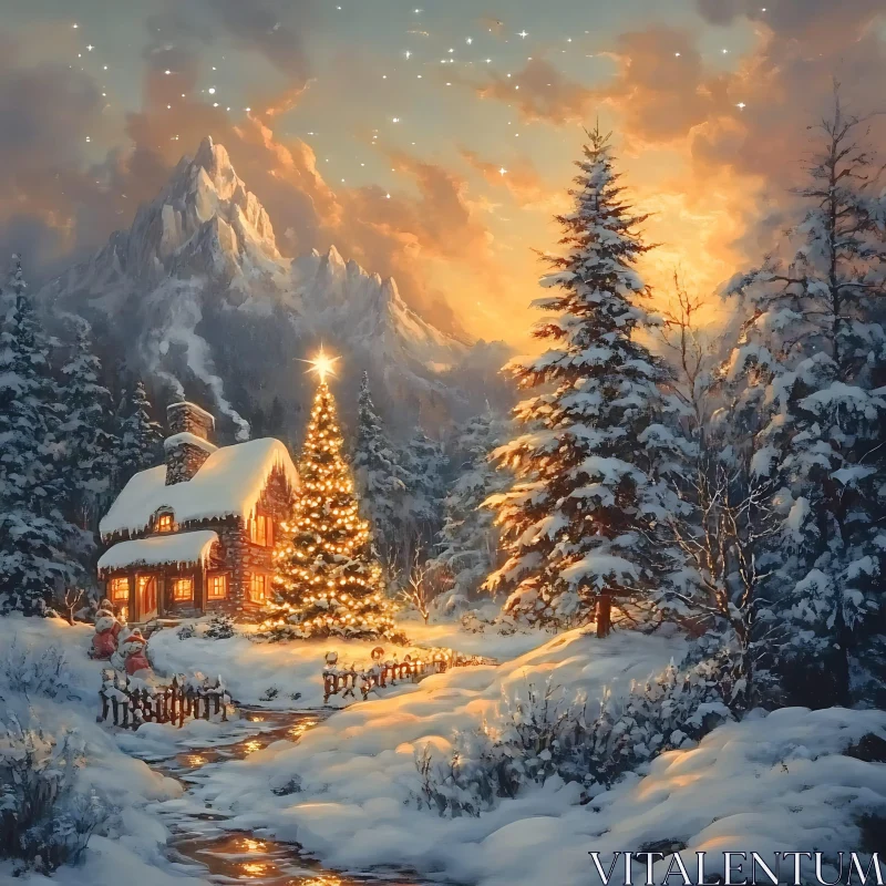 Christmas Cabin by Snowy Mountains AI Image