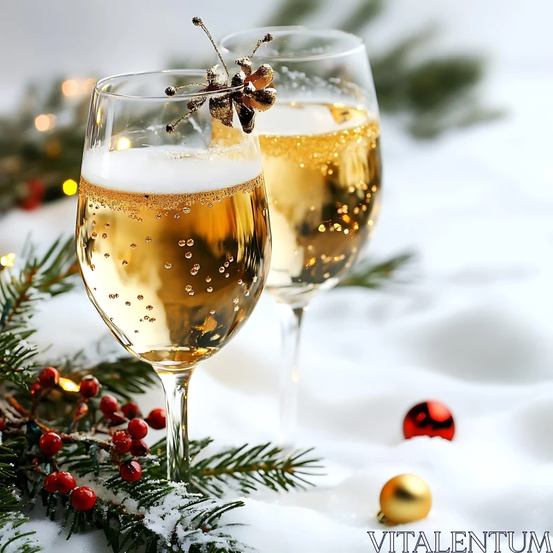 Christmas Celebrations with Champagne in Snow AI Image