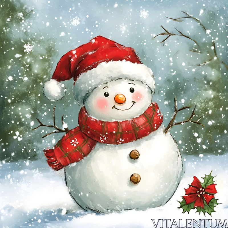 Festive Snowman in Snowy Landscape with Santa Hat AI Image