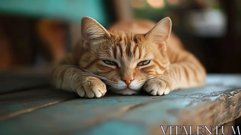 Tranquil Ginger Cat Lounging on Wooden Table AI Image