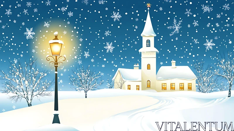 AI ART Peaceful Snowfall Around a Warmly Lit Church