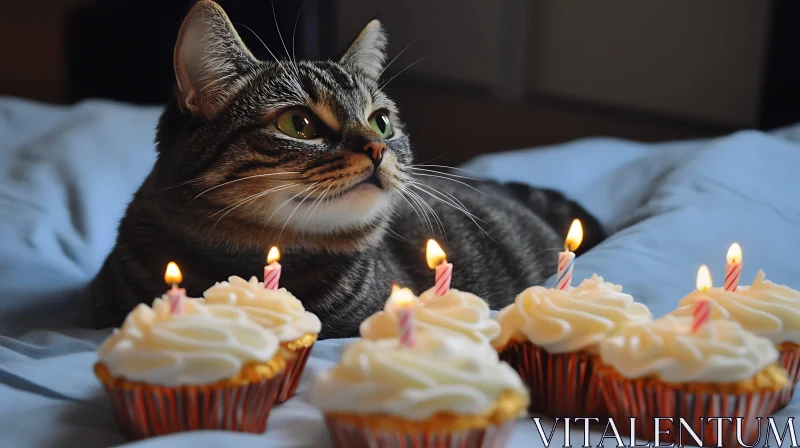 AI ART Birthday Celebration with Cat and Cupcakes