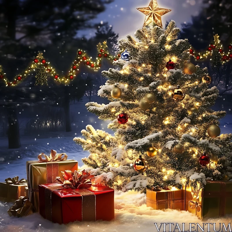 Festive Christmas Tree with Lights and Gifts in Snow AI Image