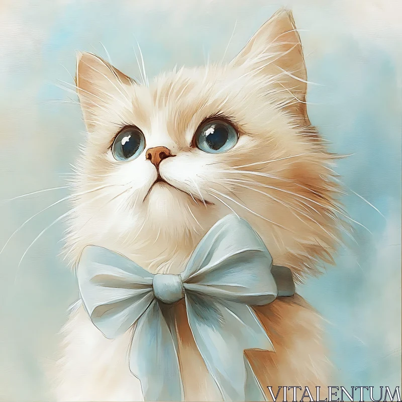 Charming Kitten with Light Blue Bow and Bright Eyes AI Image