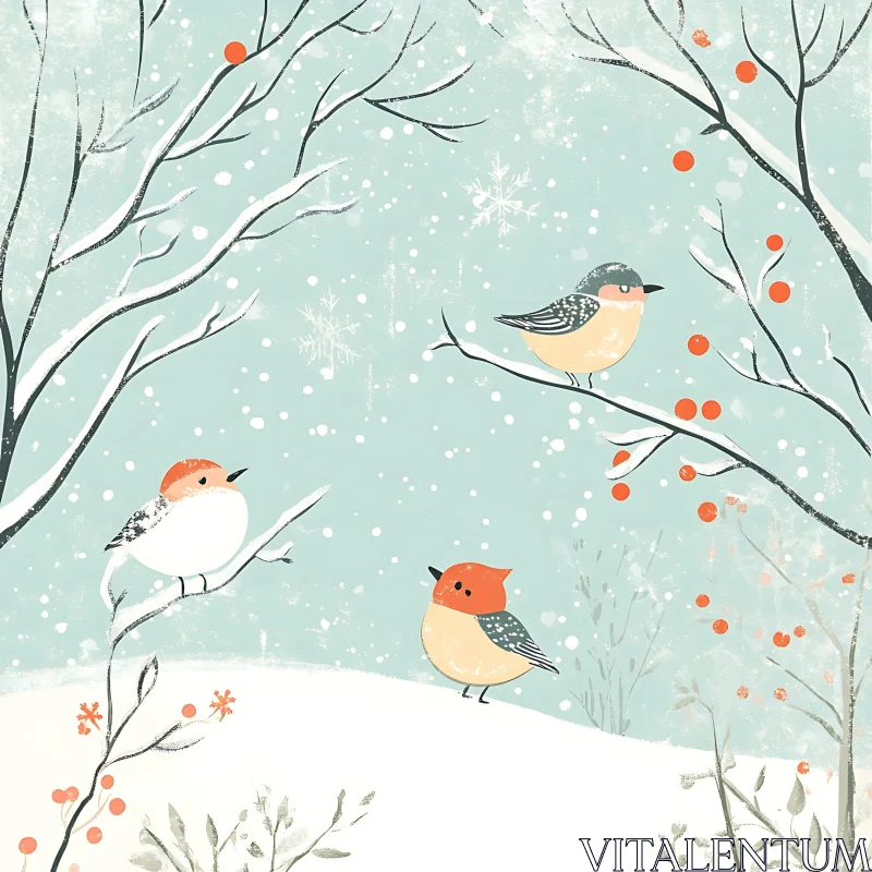 Snowy Winter Scene with Birds and Berries AI Image