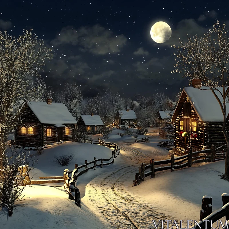 Moonlit Winter Village at Night AI Image