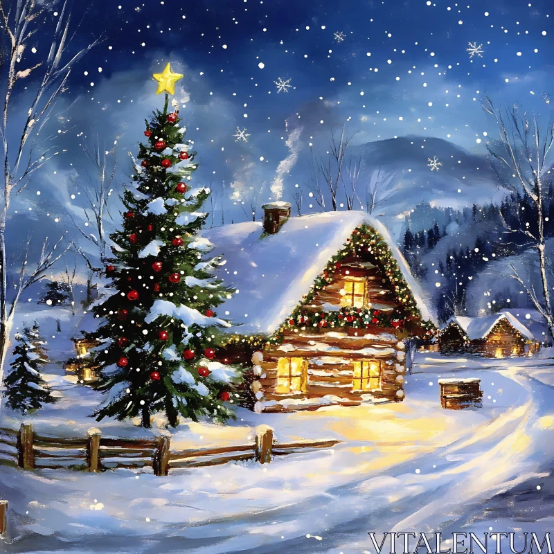 Winter Night Log Cabin with Festive Christmas Lights AI Image