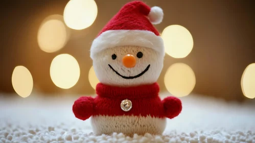 Festive Knitted Snowman with Santa Hat and Warm Lights