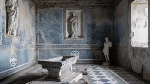 Ancient Roman Villa Room with Blue and White Frescoes and Statues