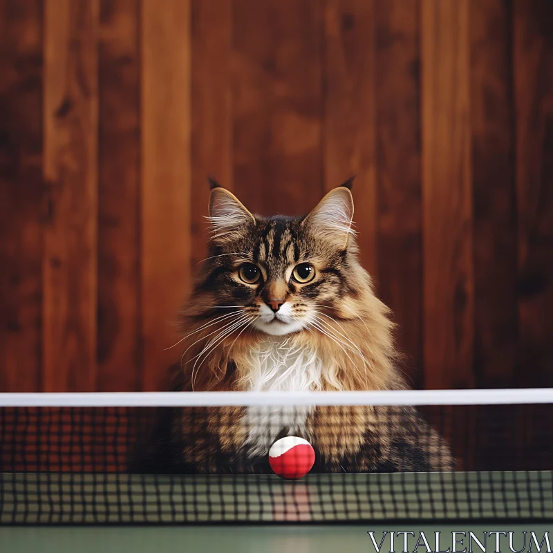 Cat Observing Ping-Pong Ball Behind Net AI Image