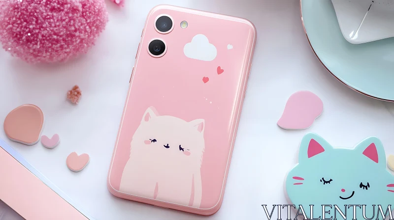 AI ART Charming Pink Cat Design Phone Case with Hearts