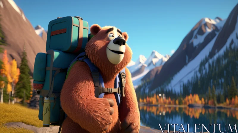 Cheerful Bear in Adventure-Themed Mountain Landscape AI Image