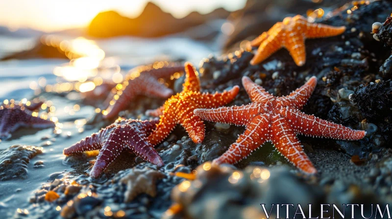 Close-Up of Orange and Pink Starfish on a Rocky Shore AI Image