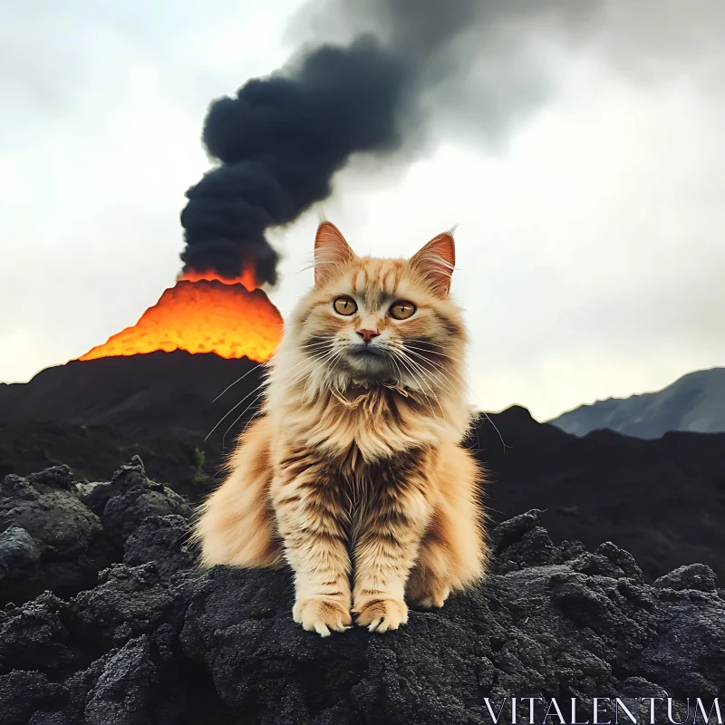 Serenity Amidst Chaos: Cat near a Volcano AI Image