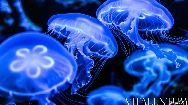 Enchanting Glow: Luminescent Jellyfish in Dark Blue Water AI Image